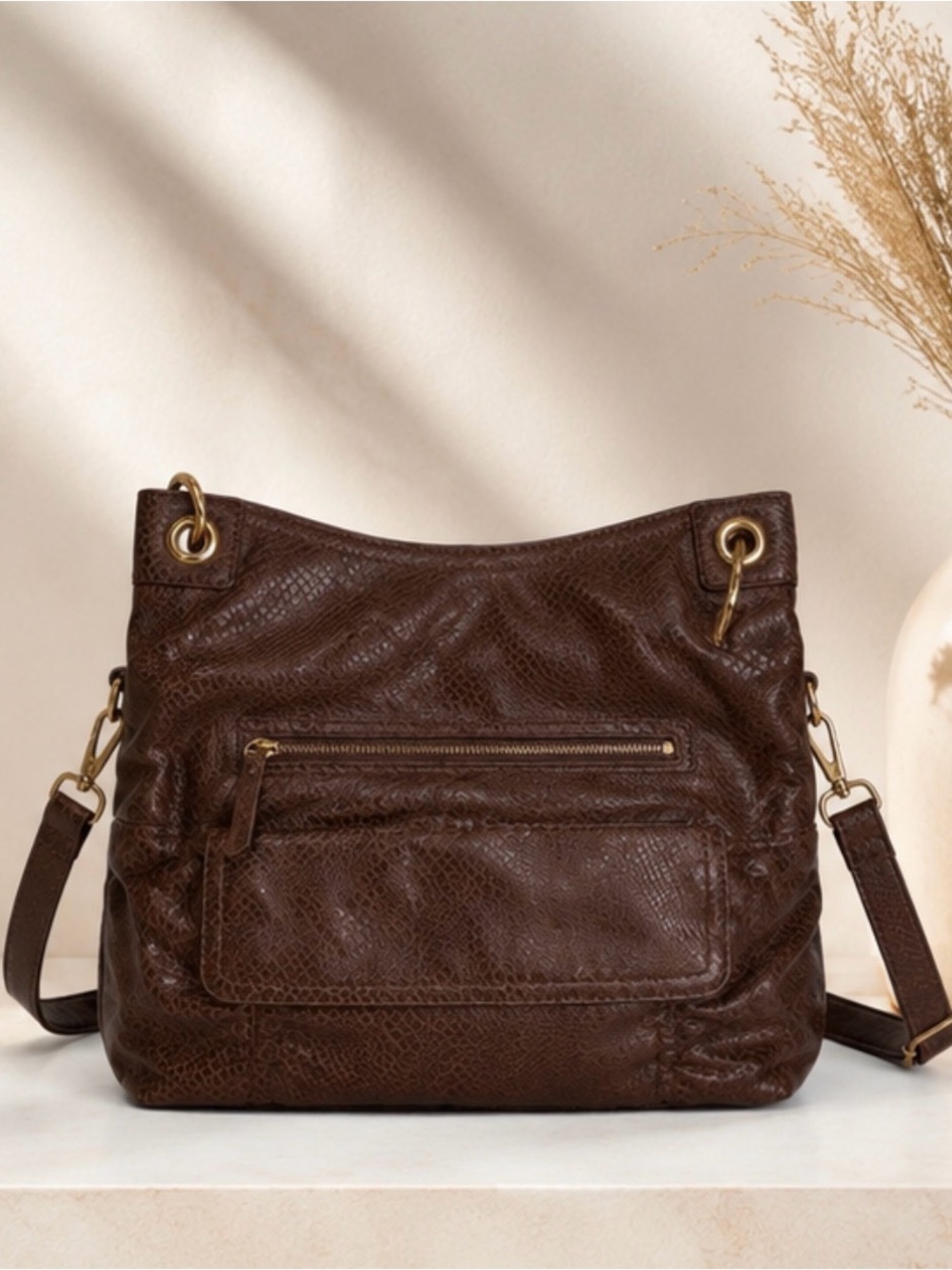Cole Haan Large Convertible Hobo Bailey Snake Print Leather Chestnut Brown